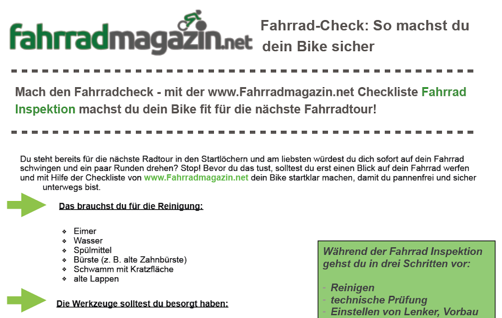 Fahrrad Checkliste Inspektion