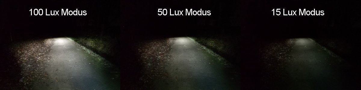 IXON Rock: Lichtmodi 100 Lux, 50 Lux und 15 Lux im Vergleich